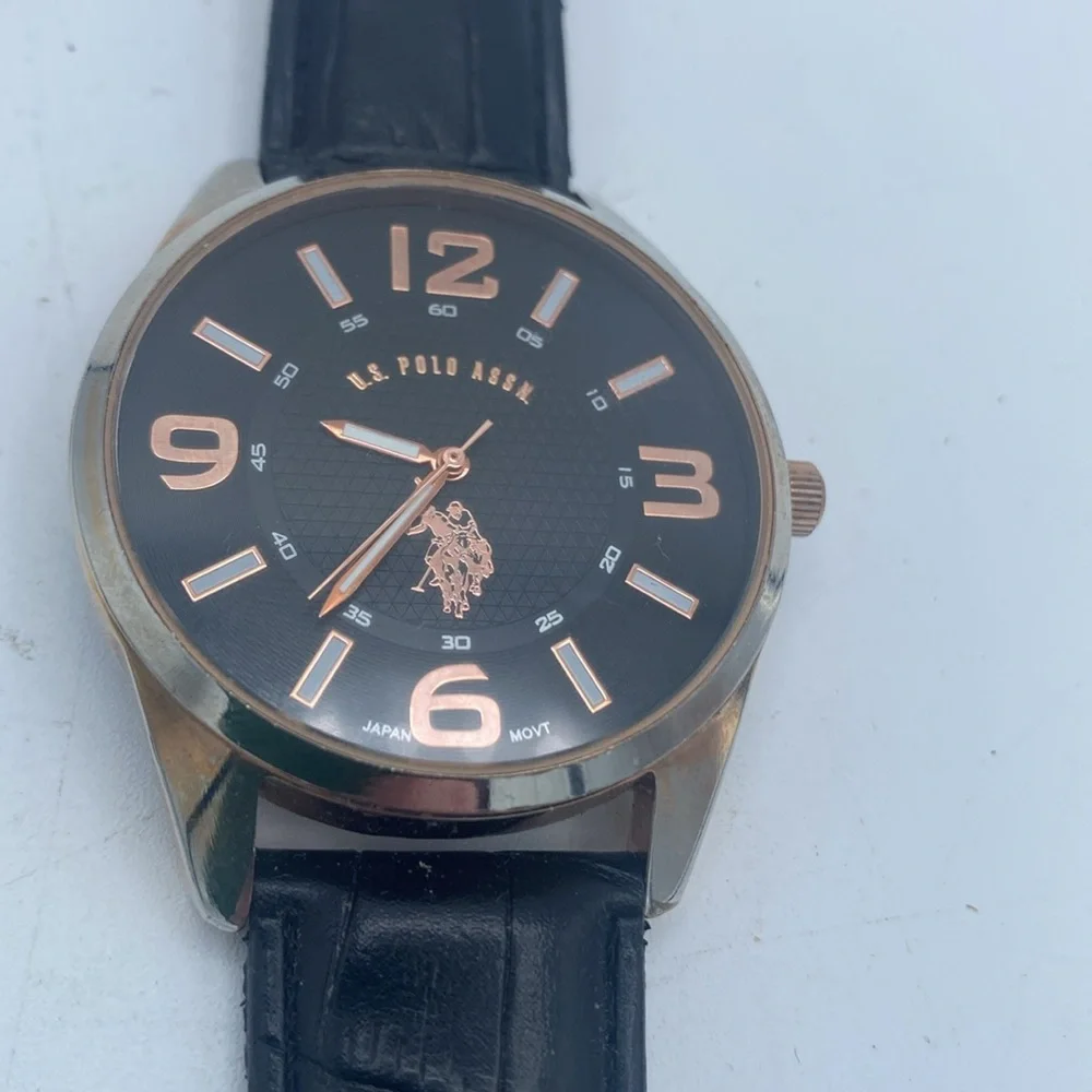 US Polo Assn rose gold tone wristwatch faux leather black band needs battery